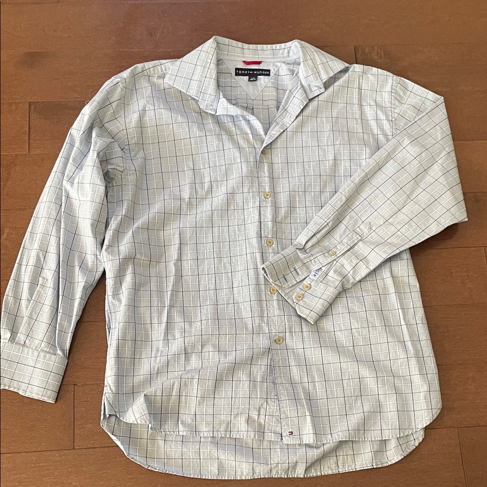 Tommy Hilfiger Men's Blue and White Plaid Shirt